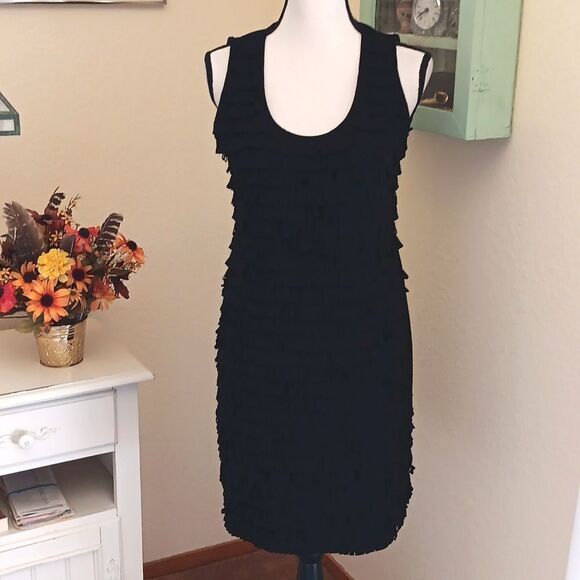 Donna Morgan Soft Knit Fringed Black Dress - Picture 1 of 8